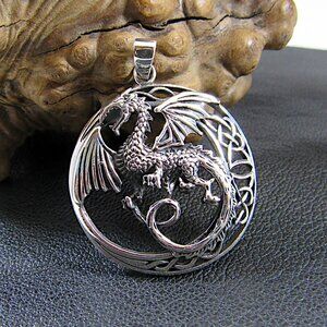 Solid 925 Sterling Silver Celtic Dragon & Crescent Moon Pendant - Viking Amulet